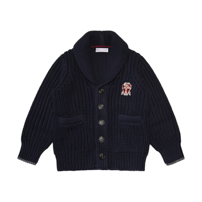 Brunello Cucinelli Babies' Navy Cotton Cardigan In Navy/grigio Scuro