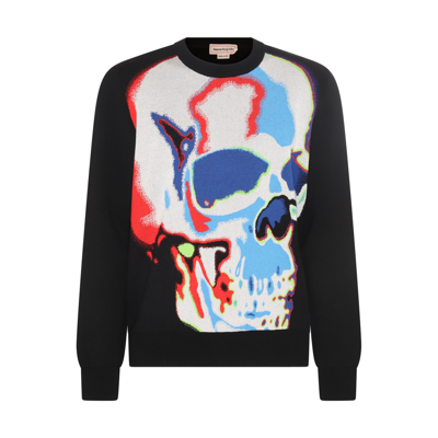 Alexander Mcqueen Black Crewneck Sweatshirt With Multicolor Jacquard Skull In Wool Blend Man In Black Ivory Red Blue