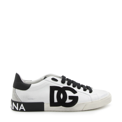 Dolce & Gabbana White And Black Leather Portofino Vintage Sneakers In White/black