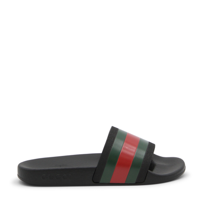 Gucci Black Rubber And Leather Web Flats In Nero