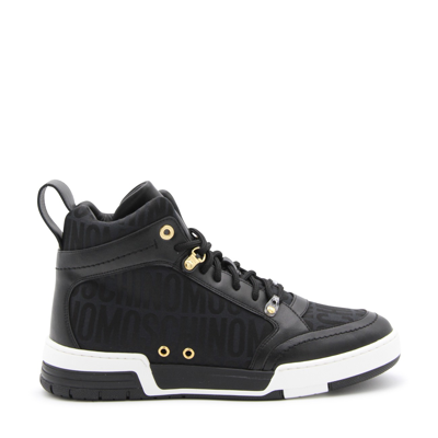 MOSCHINO BLACK LEATHER AND CANVAS MONOGRAM JACQUARD HIGH TOP SNEAKERS