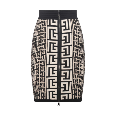 BALMAIN IVORY AND BLACK WOOL AND VISCOSE BLEND MONOGRAMMED MIDI SKIRT