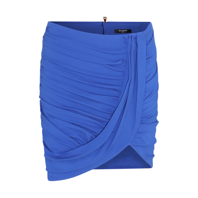 Balmain Ruched Mini Skirt In Blue