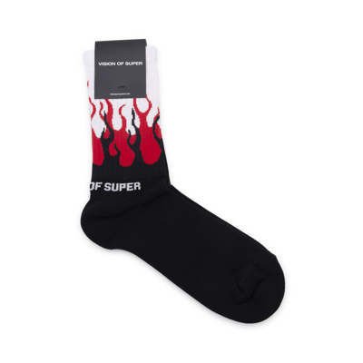 Vision Of Super Black Cotton Blend Socks In Red Double Flames