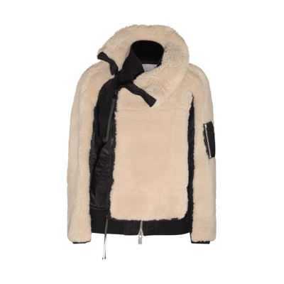 Sacai Black Adn Ecru Wool Fur Jacket In Neutral