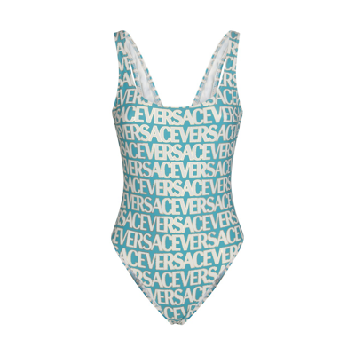 Versace Turquoise And White Swimsuit In Turquoise/avory
