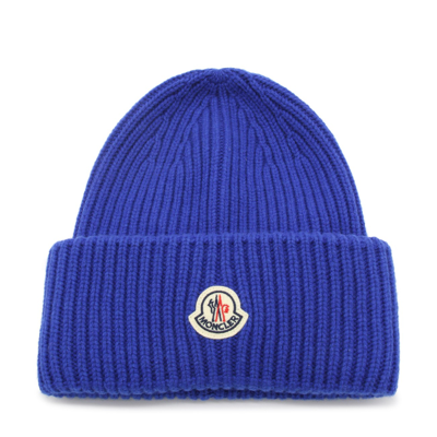 Moncler Electric Blue Wool Blend Beanie Hat In Multi-colored