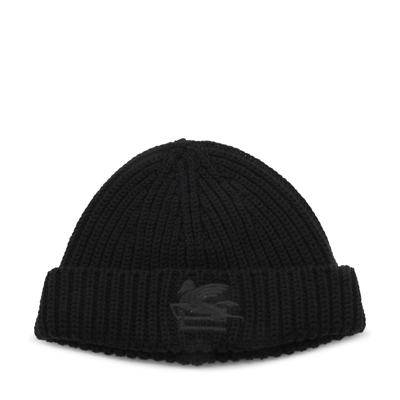 Etro Black Wool Logo Beanie Hat