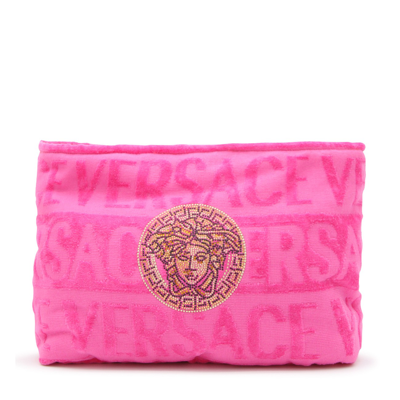 Versace Fuchsia Cotton Flocked Logo Medusa Pouch In Pink