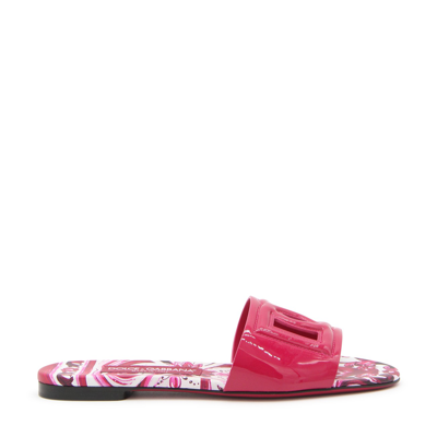 Dolce & Gabbana Fuchsia Flat Sandals With Dg Logo Cut-out And Maioliche Print In Leather In Ciclamino