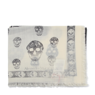 Alexander Mcqueen White And Black Wool Orchid Skull Scarf In Neutral