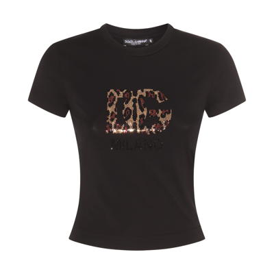 Dolce & Gabbana Short T-shirt With Fusible-rhinestone Dg Logo In Black