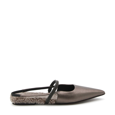 Brunello Cucinelli Embellished Leather Slingback Flats In Brown