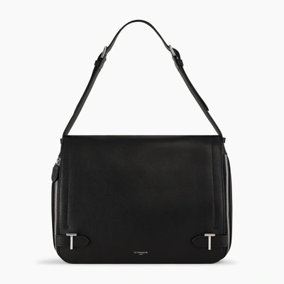 Le Tanneur Simone Large Bag With Crossbody Strap In Pebbled Leather In Black