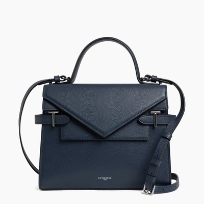 Le Tanneur Emilie Medium Double Flap Handbag Model In Grained Leather In Blue