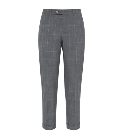 Brunello Cucinelli Virgin Wool Check Trousers In Grey