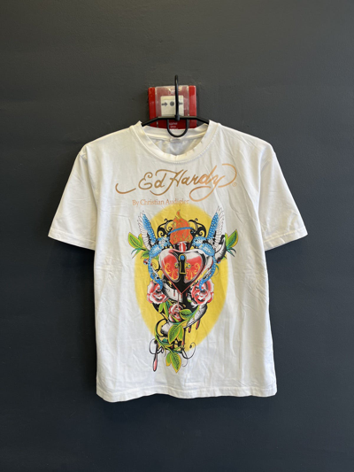 Pre-owned Christian Audigier X Ed Hardy Vintage Y2k Ed Hardy Flame Heart Rose Japanese Tatto Tee In White