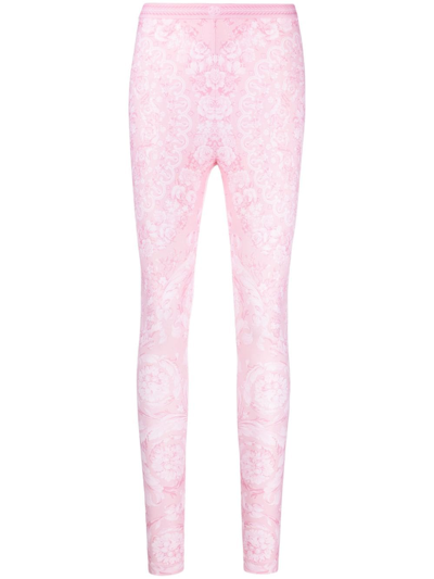 Versace Barocco-print Elasticated-waistband Leggings In Pink