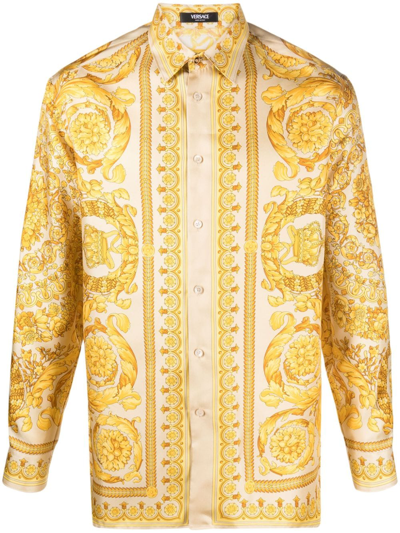 Versace Barocco-print Silk Shirt In Neutrals