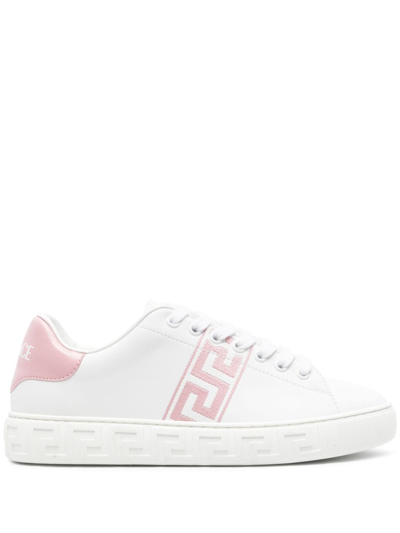 Versace Embroidered Faux Leather Sneakers In White