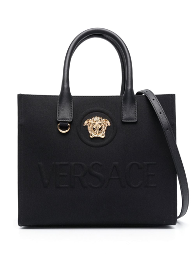 Versace Small La Medusa Canvas Tote Bag In Black