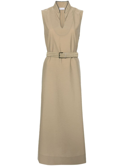 Brunello Cucinelli Monili-collar Raffia-belt Sleeveless Crinkle Cotton Maxi Dress In Beige