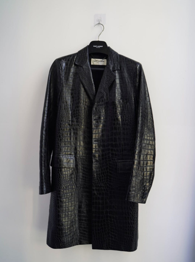 Pre-owned Saint Laurent Show Crocodile Leather Coat In Black