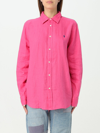 Polo Ralph Lauren Linen Collared Shirt Curved Hem Long Sleeves In Pink