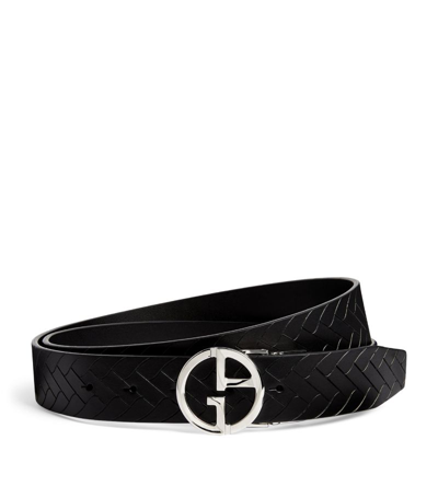 Giorgio Armani Leather Textured Logo Belt In Black