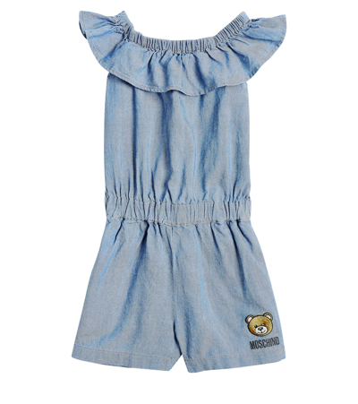 Moschino Kids' Embroidered Denim Playsuit In Blue