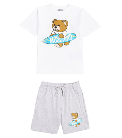 Moschino Kids' Teddy Bear 图案棉短裤套装 In White,grey
