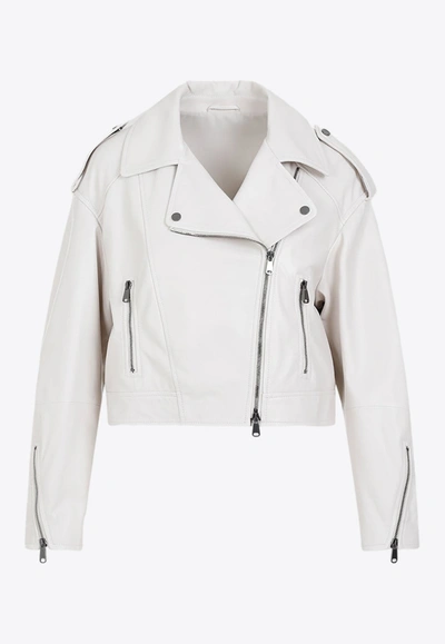 Brunello Cucinelli Cropped Leather Jacket In White