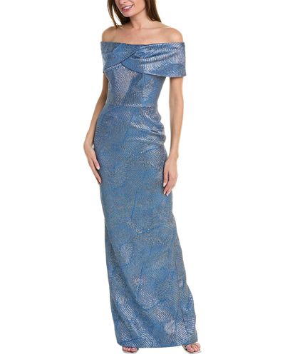 Teri Jon By Rickie Freeman Metallic Jacquard Gown In Blue