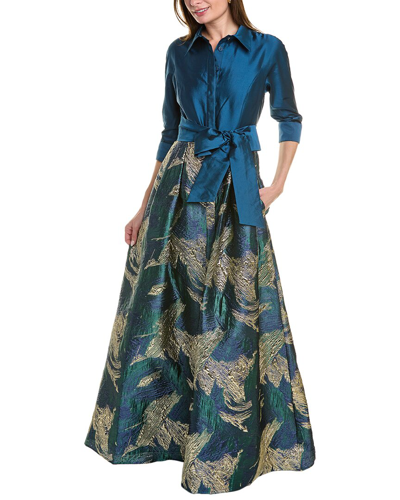 Teri Jon By Rickie Freeman Printed Skirt Shirt Gown In Peacock Gold
