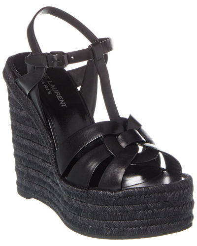 Saint Laurent Tribute Leather Wedge Espadrille Sandals In Black