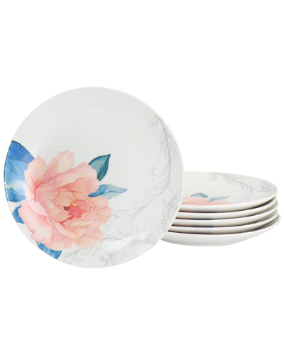 Martha Stewart 8in Fine Ceramic 6pc Floral Decorated Dessert Plate Set In White