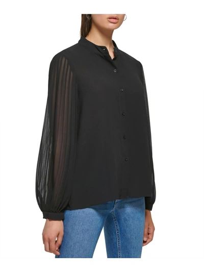 Calvin Klein Womens Chiffon Shutter Pleat Button-down Top In Black
