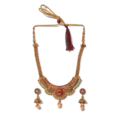 Sohi Gold-plated Blue Stone Studded Beaded Jewellery Set In Red