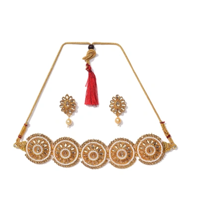 Sohi Gold-plated White Pearls Meenakari Jewellery Set In Red