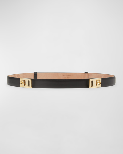 Ferragamo Double Gancini Leather Belt In Black