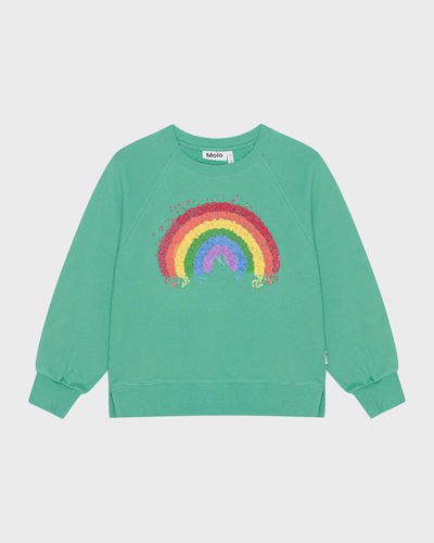 Molo Kids' Girl's Marilee Rainbow-print Sweatshirt In Chalk Green