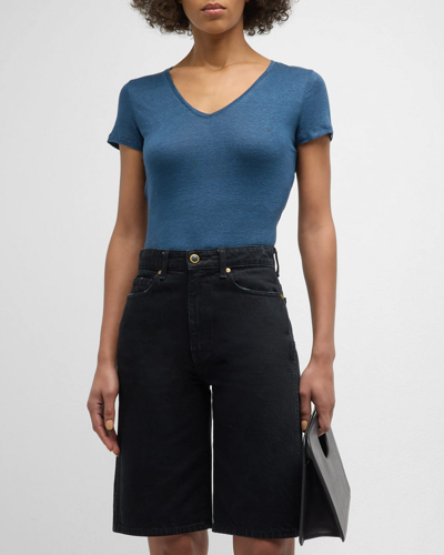 Majestic V-neck Short-sleeve Stretch Linen T-shirt In Bleu Taormina