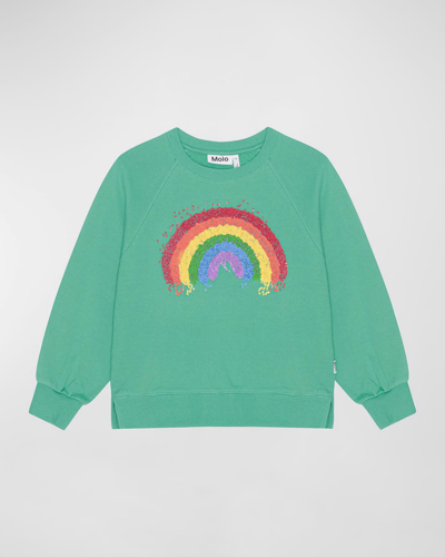 Molo Kids' Girl's Marilee Rainbow Graphic Sweatshirt In Chalk Green
