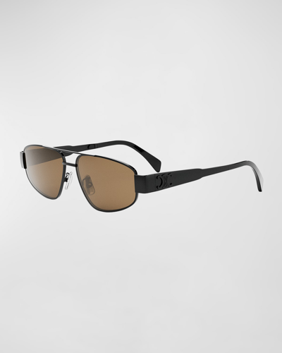 Celine Men's Metal Triomphe 57mm Pilot Sunglasses In Shiny Black Brown
