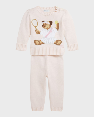 Ralph Lauren Kids' Girl's Polo Bear Intarsia Cotton Sweater And Pants Set In Delicate Pink
