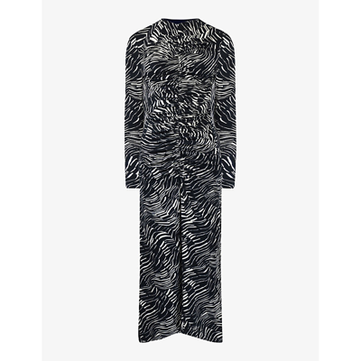 Ro&zo Animal-print Ruched Stretch-woven Midi Dress In Black