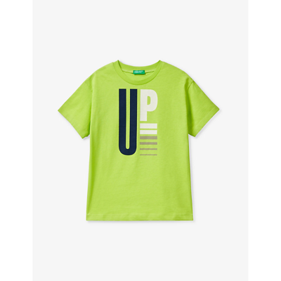 Benetton Kids' 'live Playfully' Text-print Short-sleeve Organic-cotton T-shirt 6-14 Years In Lime