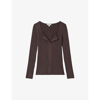 Reiss Monica - Burgundy Ribbed Open Collar Top, L