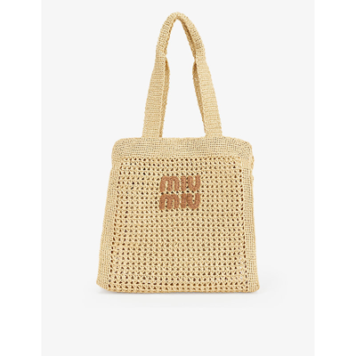 Miu Miu Woven-branding Raffia Tote Bag In Naturale+cognac