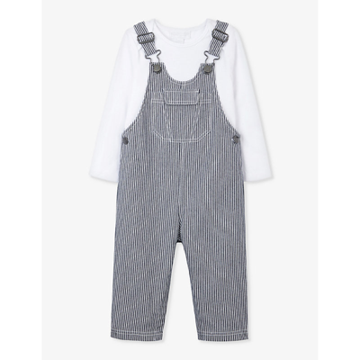 The Little White Company Girls Navy Kids Stripe-print Patch-pocket Organic-cotton Dungarees 2-6 Year